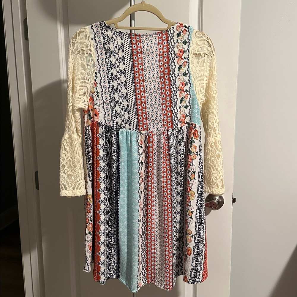 Kori America Multi-colored Mixed Media Print Swing Dress Lace Sleeves Sz S - Picture 2 of 6